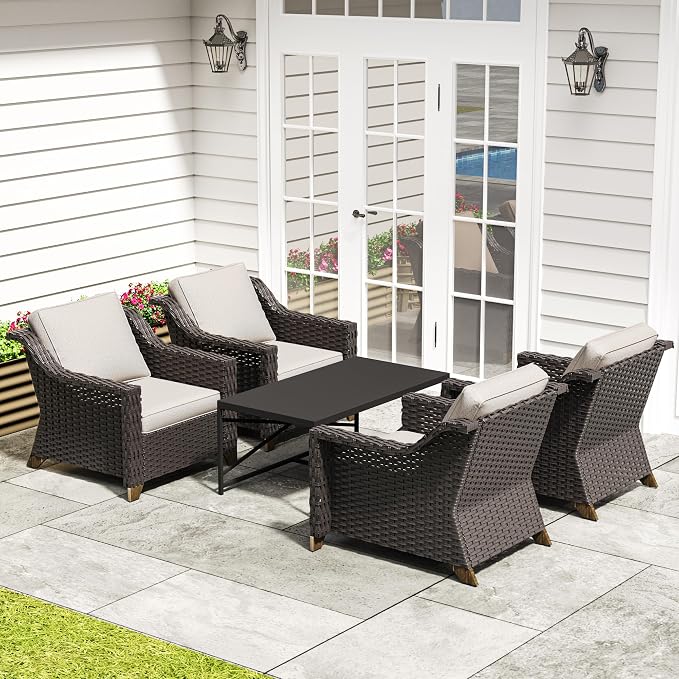 5 Piece Patio Furniture Set, Wicker Outdoor Conversation Set | Patio Chair Set with Olefin Removable Cushion, All-Weather Armchair Set with Deep Seat for Porch, Deck and Backyard, Beige