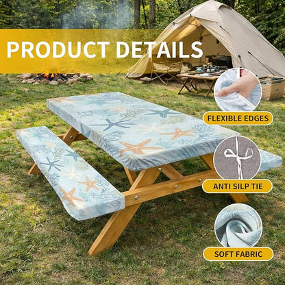 Picnic Table Cover with Bench Covers, 72 X 30 Inch Elastic Fitted Camping Tablecloth with Strap Design for 6FT Rectangle Tables, Windproof Outdoor Tablecloth Set with Storage Bag