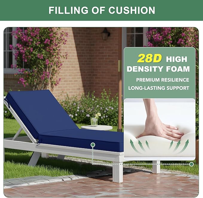 Summsun Chaise Lounge Cushions Outdoor Set of 4 - Waterproof and Fade Resistant Sun Lounger Replacement Cushions - Patio Lounger Pads with Removable Cover for Pool, Deck, 80 x 26 x 3 Inch, Navy