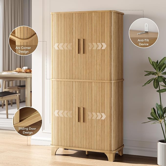 Decofy 69" Tall Kitchen Pantry Storage Cabinet with Sliding Door, Modern Curved Edge Pantry Storage Cabinet with 5 Shelves, Cupboard for the Kitchen, Dining Room, Bedroom, Living Room, Office (Oak)