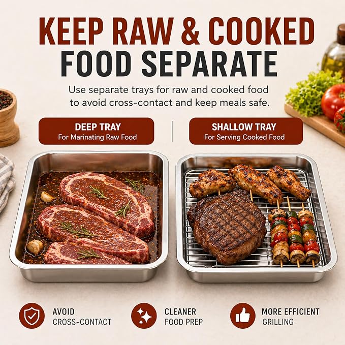 Grill Prep Tray with Lid 3-Piece Grill Carry System | Stainless Steel Marinating Container for BBQ Meat Prep, Food Storage & Transport Tray with Rack for Raw Food Handling