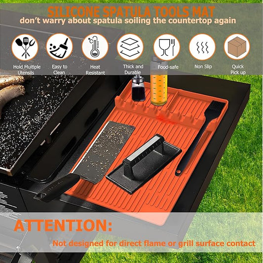 Silicone Grill Tools Mat for Blackstone Side Shelves (22–28″) – Heat-Resistant Utensil Organizer with Drip Pad, 8 Slots, Easy-Clean Prep & Counter Protection