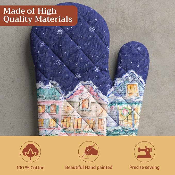 Maison d'Hermine Oven Gloves 100% Cotton Oven Mitt (7" x 13", Pack of 1) | With Loop Heat Resistant BBQ Cooking Gloves Baking Kitchen Handling Hot Pans Thanksgiving Christmas - Christmas Market - Blue