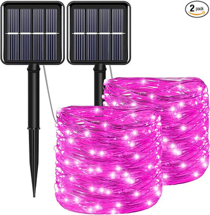 Solar Christmas String Lights Pink Outdoor Waterproof 100 LED（2 Pack） 8 Modes Copper String Lights Fairy Lights for Valentines Day Garden, Patio, Fence, Balcony, Outdoors(Pink 2pcs