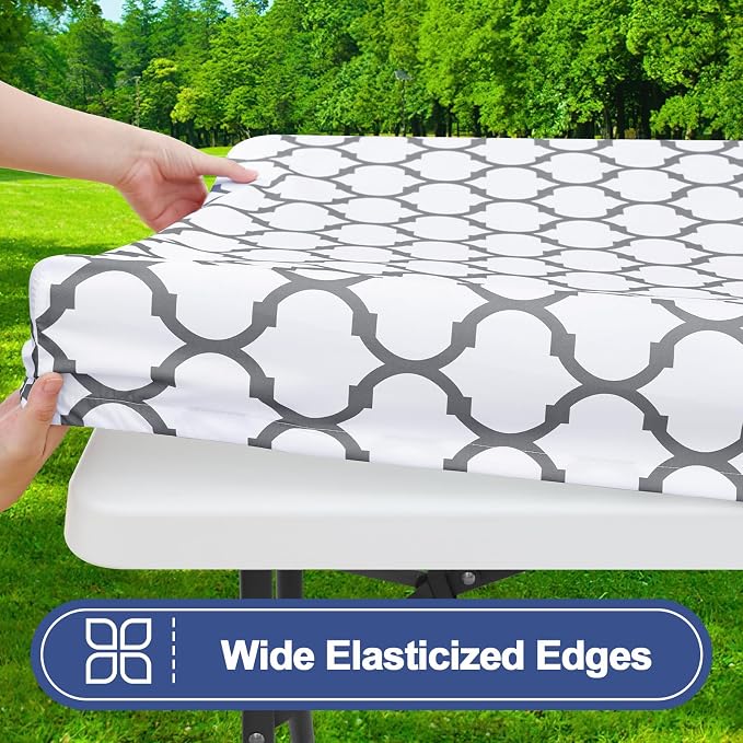 Smiry Picnic Table Cover with Bench Covers, Waterproof Elastic Fitted Tablecloth for 5 Foot Tables, Washable Polyester Tablecloths for Camping, Indoor & Outdoor (White, 30x60 Inch 3-pc Set)