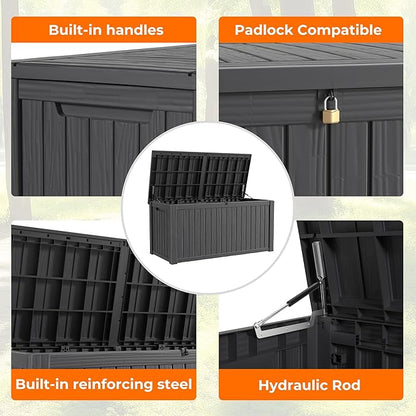 190 Gallon Deck Box Large Outdoor Storage Box Waterproof for Patio Furniture,Outdoor Cushions,Garden Tools and Pool Supplies,Weatherproof(Black,190Gallon)