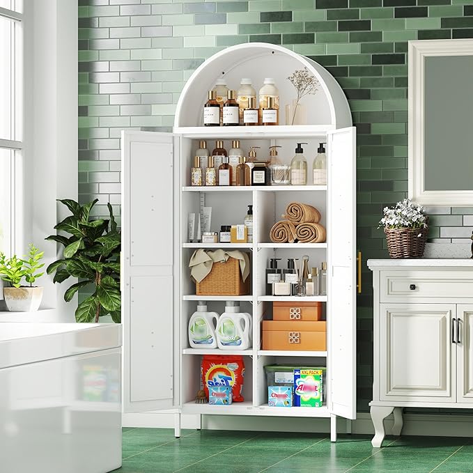 White Metal Arched Pantry Cabinet for Kitchen Storage, Tall 2-Door Cupboard with 6 Adjustable Shelves, Magnetic Closure & Anti-Tip Kit, 15.4" D x 30.7" W x 72.8" H, Assembly Required