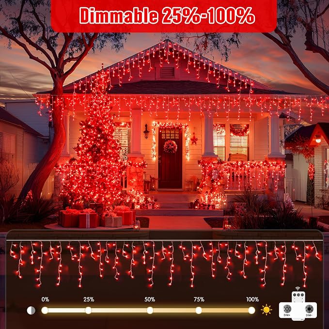 JMEXSUSS 400 LED Red Icicle Christmas Lights Outdoor | Connectable Red icicle Lights Indoor Outdoor with Remote, Christmas Lights for Valentine Room Fireplace Christmas Decorations