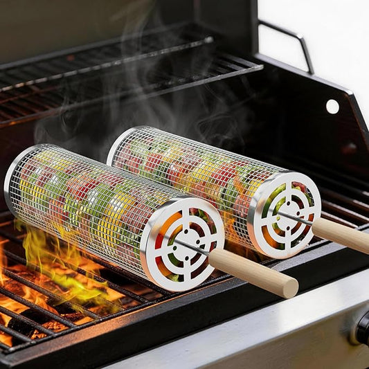 Rolling Grill Basket for Veggies, Heavy Duty 304 Stainless Steel BBQ Grilling Basket with Lock-Tight System, Removable Handles, Nesting Storage, Smoker Camping Accessories, Gifts for Men Dad Husband(2PCS)