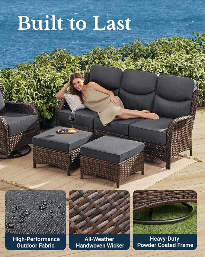 HILLGA Oversized 3-Seater Outdoor Couch with High Back and 6-Inch Cushions | Patio Chair, Wicker Sofa, Outdoor Seating, Porch Furniture, Deck Furniture, Poolside Porch Deck Yard, Lawn (Gray)