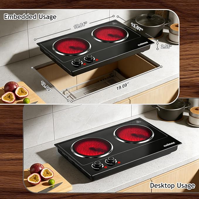 CUSIMAX Double Burner, 1800W Ceramic Electric Hot Plate for Cooking, Black | Countertop Infrared Burner with Dual Temperature Control, Heat-up in Seconds, Works with All Cookware, Stainless Steel