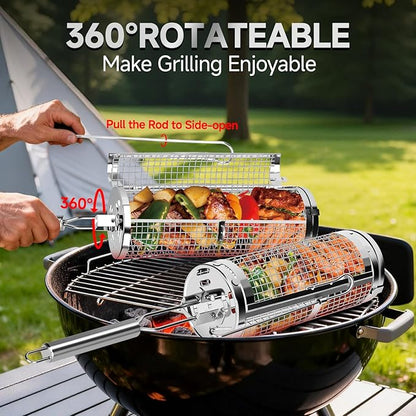 Chenovate® Heavy Duty Rolling Grill Baskets with Side-opening and Removable Handle,Grill Accessories for Veggies Shrimp Meat,Food-grade Stainless Steel,Kitchen Gadgets Fits Outdoor Cooking & Picnics,Camping Essentials,Ideal Gifts for Father's Day,Festi...