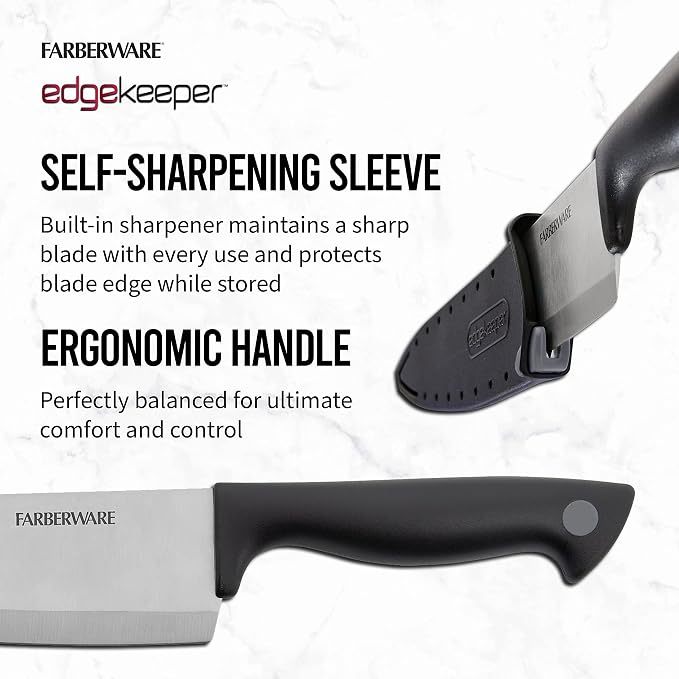 Farberware 8 Inch Chef Knife with EdgeKeeper Self-Sharpening Blade Cover, High-Carbon Stainless Steel Kitchen Knife for Slicing, Dicing, and Mincing