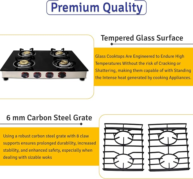 4 Burner Gas Stove Top, 25" Black Tempered Glass Countertop Stove | Stainless Steel 4 Burner Cooktop Burners RV Stove for Cooking Range Gas with Hose & Regulator to Connect Propane Cooktop
