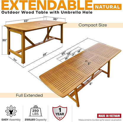Acacia Extendable Dining Table 63”-95" L for 6-8 Seats, Outdoor Rectangular Table with 2" Umbrella Hole for Garden, Balcony, Poolside & Patio, UV Resistant & Slat Design, Easy Setup - Natural