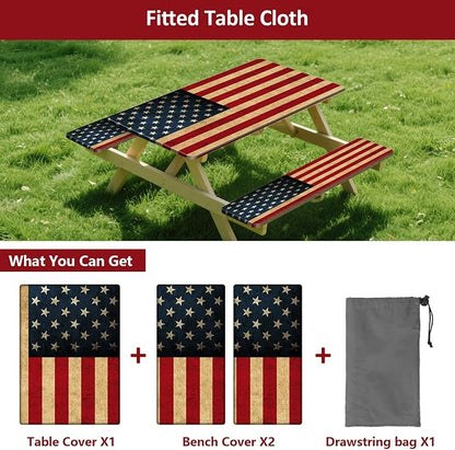 8 ft 96 in Picnic Table and Bench Cover, 3 Pack, US Flag | Drawstring Bag, Waterproof Windproof, Elastic Fitted Edges Tablecloth, for Rectangle Table & Seat, Camping Essentials RV Gear