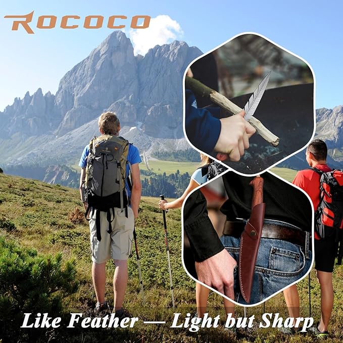 ROCOCO Feather Viking Knife Japanese Forged in Fire Boning Knife Fancy Kitchen Cleaver with Sheath Outdoor Camping BBQ Collection Birthday Thanksgiving Christmas Father Mother Gift 7"