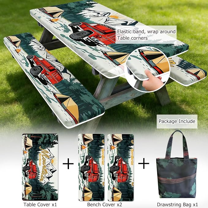 3 Piece Picnic Table Cover with Bench Covers fit Outdoor & Camping, 6ft | 30 x 72 Inches Table Cloths Waterproof Windproof with Elastic Edges & Drawstring Bag, for Rectangle Tables and Seat Covers