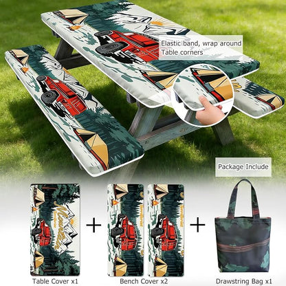 3 Piece Picnic Table Cover with Bench Covers fit Outdoor & Camping, 6ft | 30 x 72 Inches Table Cloths Waterproof Windproof with Elastic Edges & Drawstring Bag, for Rectangle Tables and Seat Covers