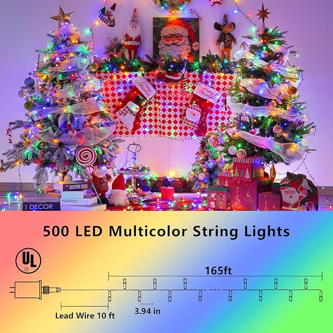 YEGUO 165ft 500 LED Multicolor String Lights Outdoor Waterproof, Green Wire Christmas Lights Indoor, 8 Modes Twinkle Tree Lights Plug in with Memory Timer for Holiday Festival Xmas
