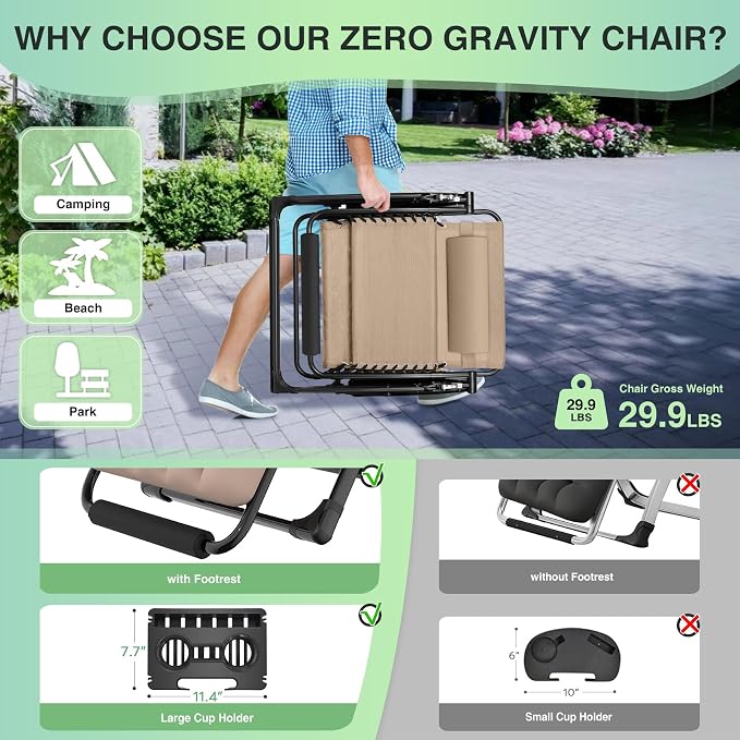 Suteck Oversized Zero Gravity Chair,500LBS 33In XXL Outdoor Recliner Chairs | w/Removable Cushion&Headrest, Camping Lounge Chair w/ Upgraded Lock&Footrest, Reclining Patio Chairs for Indoor Outdoor