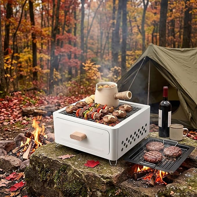 LOGOFUN Portable Charcoal Grill with Enamel Griddle Pan Japanese Style Tabletop BBQ for Outdoor Camping Folding Barbecue Hibachi Backyard Patio Balcony Snow White