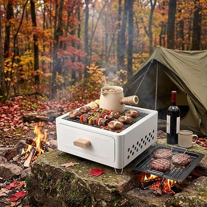 LOGOFUN Portable Charcoal Grill with Enamel Griddle Pan Japanese Style Tabletop BBQ for Outdoor Camping Folding Barbecue Hibachi Backyard Patio Balcony Snow White