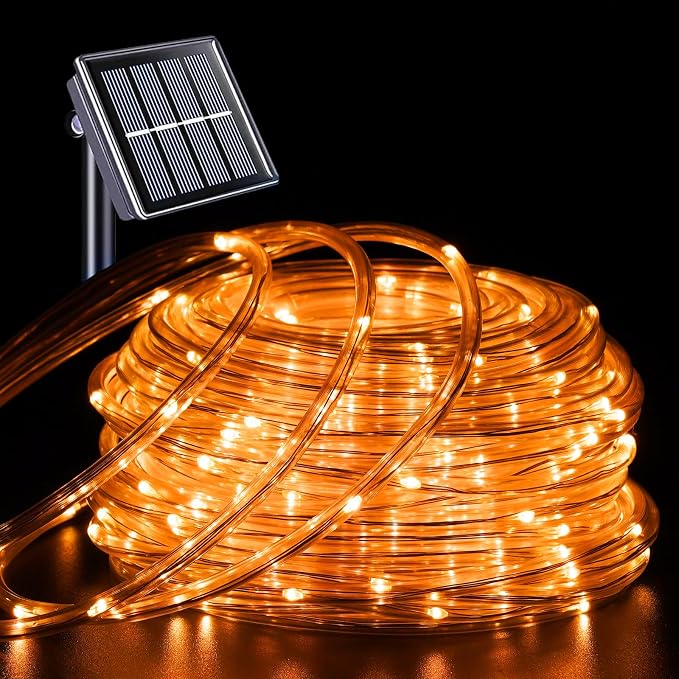 YEGUO Solar Halloween Lights Outdoor Waterproof, 66ft 200 LED Orange Solar Rope Lights, 8 Modes Fairy Lights in Clear Thin Tube