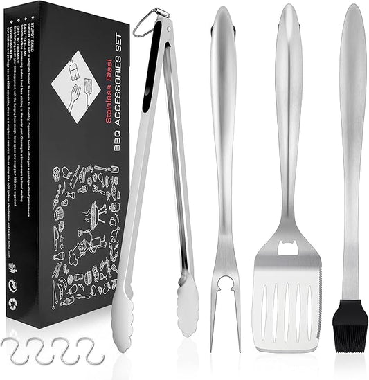Grilling Accessories, HaSteeL 18in BBQ Grill Accessories Set of 4, Stainless Steel Grilling Tools for Outdoor Barbecue Camping, Heavy Duty Grill Spatula, Tong, Fork, Basting Brush, Gifts for Men