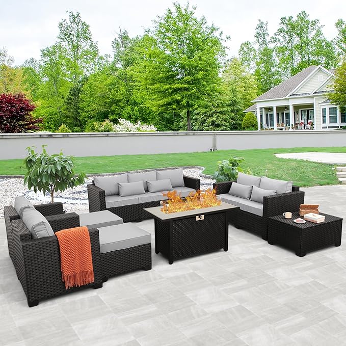 Rattaner 8 PCS Outdoor Furniture Sets 60000BTU 45-Inch Outdoor Propane Fire Pit Table Patio Furniture Set No-Slip Cushions and Waterproof Covers, Light Grey