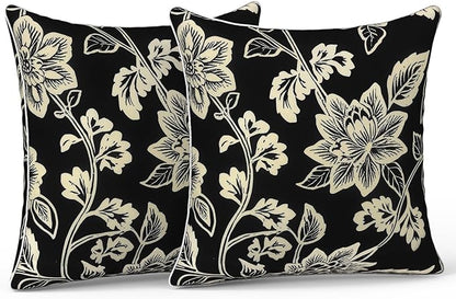 LVTXIII Outdoor Throw Pillows 20x20 Patio Waterproof Square Pillows with Piping Fade Resistant Accent Pillow for Spring Summer Garden Decoration, Set of 2, Elegant Vines Black