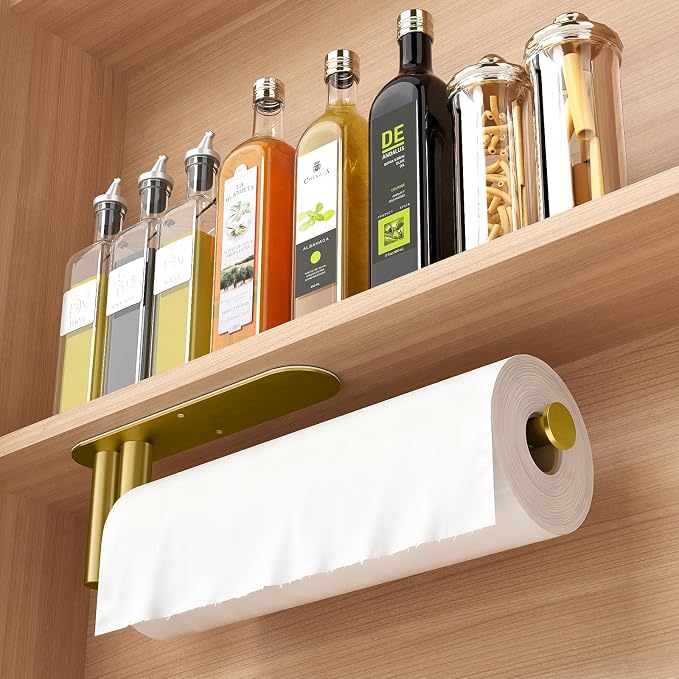 STWWO Under Cabinet Paper Towel Holder, Self Adhesive Paper Towel Rack Gold | Under Counter Under Sink Paper Towel Holder, Self-Adhesive or Wall Mounted, Fits Kitchens Bathrooms & RV