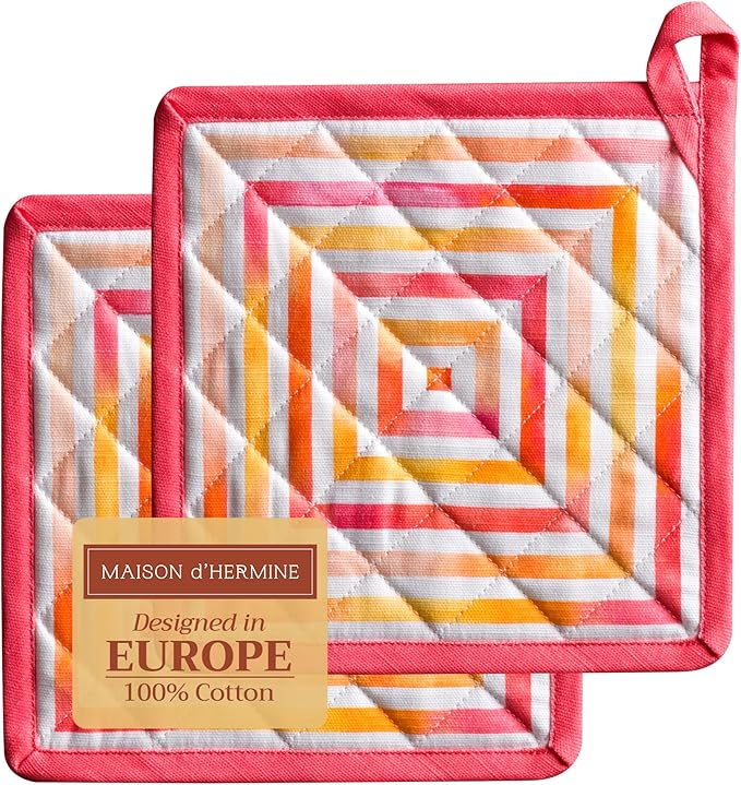Maison d' Hermine Pot Holders 100% Cotton Heat Resistant Potholders 8" x 8" Hot Pads with Loop BBQ Cooking Baking Hotel Farmhouse Kitchen Handling Hot Pans Spring Summer (Pack of 2, Summer Maze)