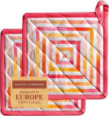 Maison d' Hermine Pot Holders 100% Cotton Heat Resistant Potholders 8" x 8" Hot Pads with Loop BBQ Cooking Baking Hotel Farmhouse Kitchen Handling Hot Pans Spring Summer (Pack of 2, Summer Maze)