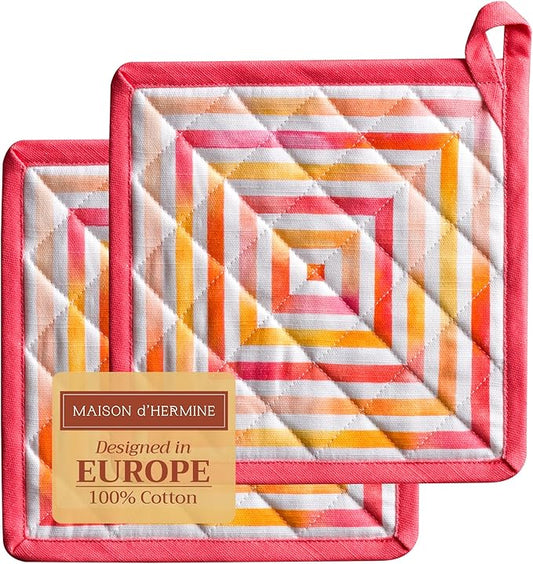 Maison d' Hermine Pot Holders 100% Cotton Heat Resistant Potholders 8" x 8" Hot Pads with Loop BBQ Cooking Baking Hotel Farmhouse Kitchen Handling Hot Pans Spring Summer (Pack of 2, Summer Maze)