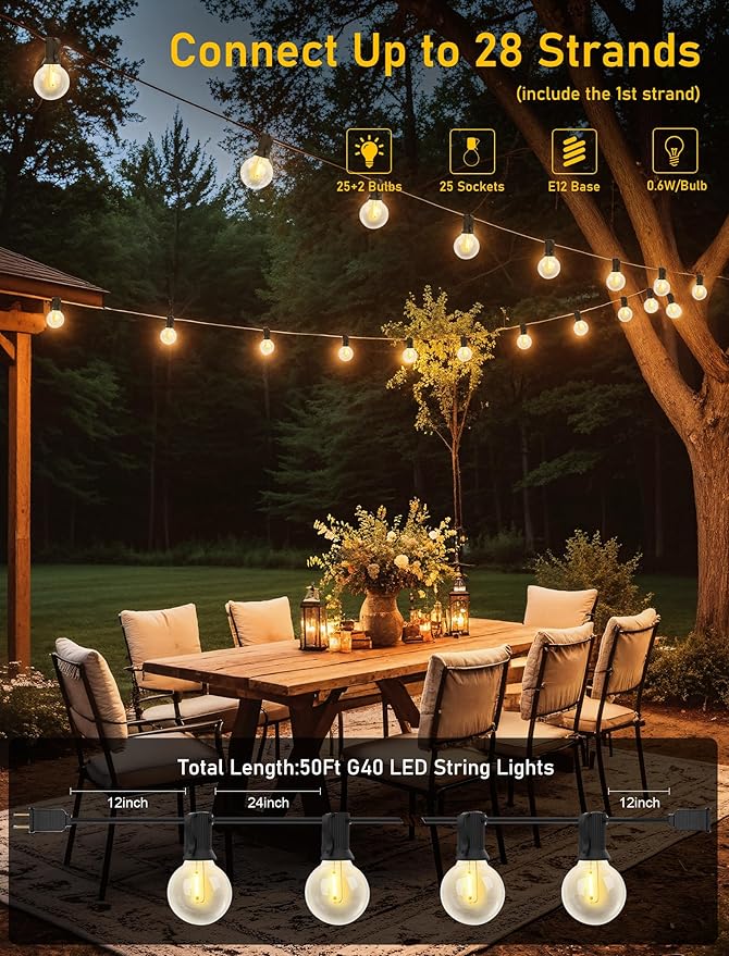 50FT Outdoor String Lights with G40 Globe Bulbs, Waterproof Patio Lighs with 27 Shatterproof LED Bulbs (2 Spares), Dimmable for Weddings, Backyard Parties, Porch Decor, Black Wire