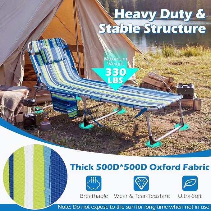 GYMAX Tanning Chair, 330LBS Beach Lounge w/Face Arm Hole & Hand Shoulder Strap, Folding Layout Sunbathing Chair, Face Down Outdoor Chaise Lounger for Patio, Poolside, Backyard (1, Blue Stripe)