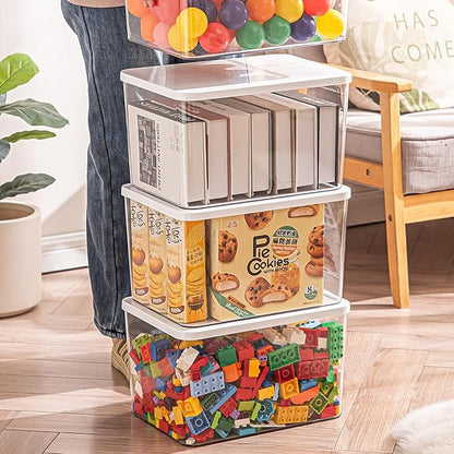 Clear plastic storage bins with LIDS,storage containers for snacks, cosmetics, books, dog food, Storage Organizer for Nursery，Kitchen, Living room,Bedroom, Bathroom, Office (Clear-White Lid, 4XL)