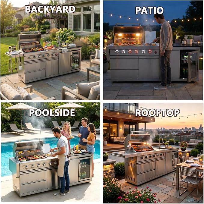 6-Burner Barbecue Island Grill, Stainless Steel Outdoor Kitchen Island Grill, Modular Outdoor Kitchen with Refrigerator, Sink & Cooler, Heavy Duty Mobile Grills Outdoor Cooking