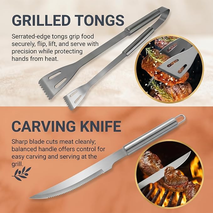 9-Piece Stainless Steel BBQ Tool Set with Carry Bag, Grill Utensils Kit with Spatula, Fork, Tongs, Knife, Skewers, Oil Brush for Outdoor Grill, Camping, Tailgating, Cookouts, BBQ Gifts