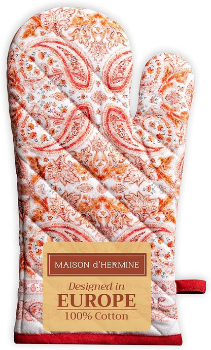 Maison d' Hermine Oven Gloves 100% Cotton Oven Mitt 7" x 13" with Loop Heat Resistant BBQ Cooking Gloves for Thanksgiving Christmas Decorations Baking Handling Hot Pans (Pack of 1, Orient)