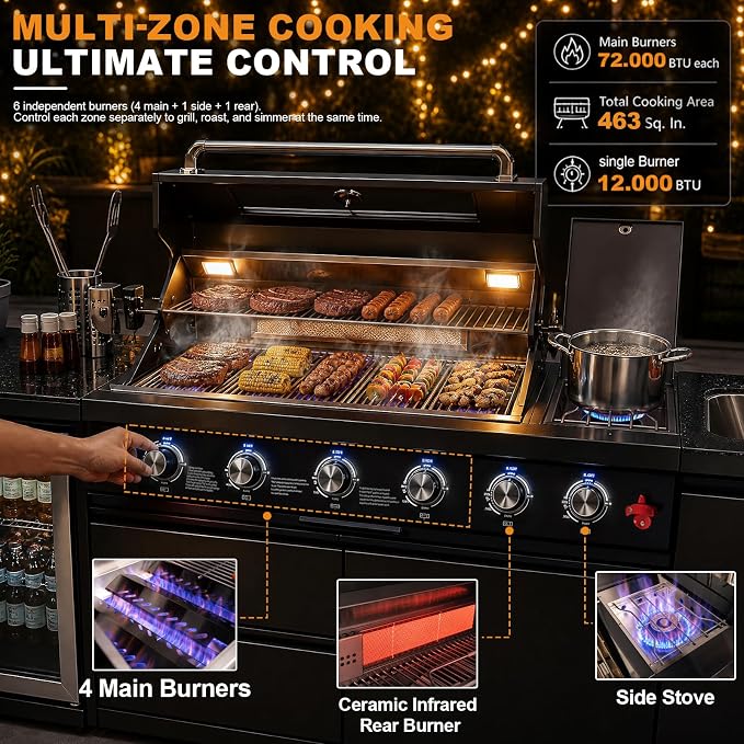 84.7" 4-Burner Modular Outdoor Kitchen Island, 72000 BTU Propane Gas Grill | 4 Burners & Side Stove, Rear Infrared, Marble Countertop, Fridge, 360° Pull-Out Faucet, Sink, Warming Rack, Storage Cabinet