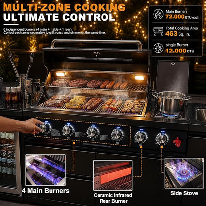 84.7" 4-Burner Modular Outdoor Kitchen Island, 72000 BTU Propane Gas Grill | 4 Burners & Side Stove, Rear Infrared, Marble Countertop, Fridge, 360° Pull-Out Faucet, Sink, Warming Rack, Storage Cabinet