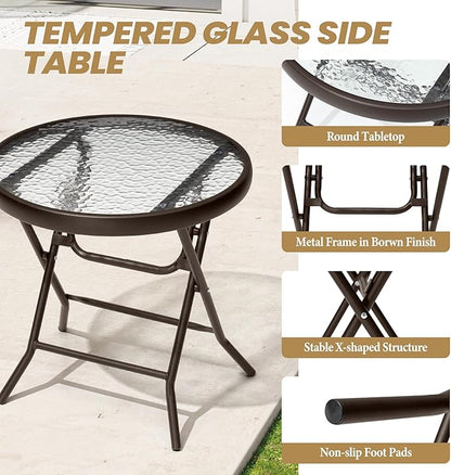 Foldable Side Table with Tempered Glass Top, Brown | 18" Small Patio Side Tables Outdoor for Porch Yard Balcony Deck Lawn Garden
