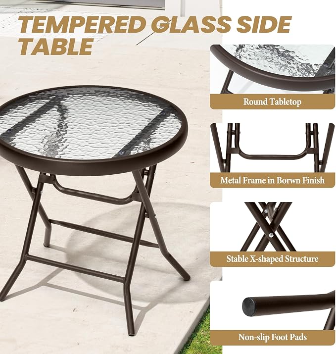 Foldable Side Table with Tempered Glass Top, 2 Pack Brown | 18" Small Patio Side Tables Outdoor for Porch Yard Balcony Deck Lawn Garden