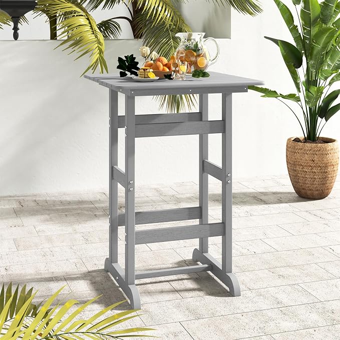 GIANTEX 42" Height Outdoor Tall Bar Table, HDPE Square Pub Tables with Wood Grains, High Top, Cocktail Bistro Table for Adirondack Chairs, Patio, Garden, Poolside, Yard, Balcony, Grey