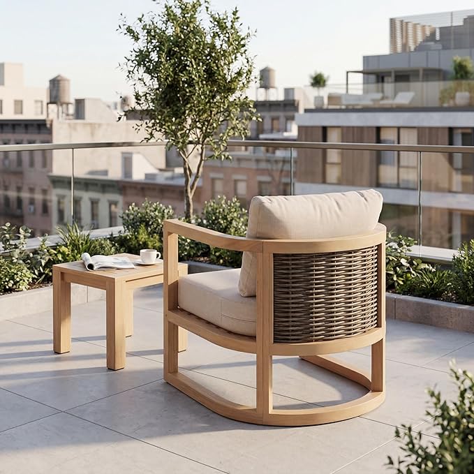Merax Outdoor Acacia Wood Club Chair wtih Cushions, Patio Sofa Armchair with Rattan-Woven Back, Sturdy Base for Porch, Lawn, Backyard, Balcony, Light Teak