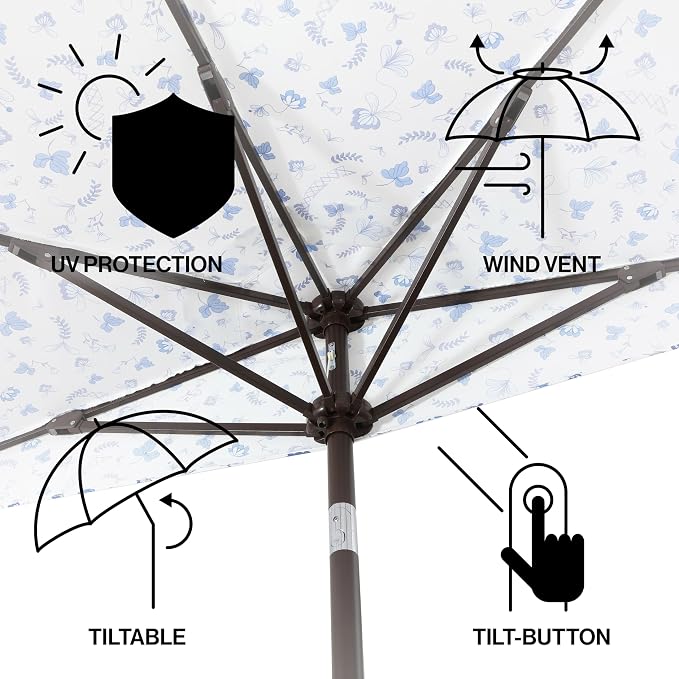 JONATHAN Y Beverly 9 ft. Patterned Half Umbrella, Blue/Dark Brown | Coastal Scalloped Cream Fringe, Crank Lift, 30 Degree Manual Tilt, UV 50 Polyester Canopy, Aluminum Frame, Space Saving