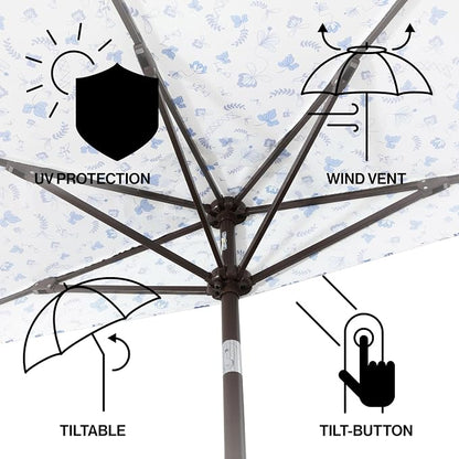 JONATHAN Y Beverly 9 ft. Patterned Half Umbrella, Blue/Dark Brown | Coastal Scalloped Cream Fringe, Crank Lift, 30 Degree Manual Tilt, UV 50 Polyester Canopy, Aluminum Frame, Space Saving