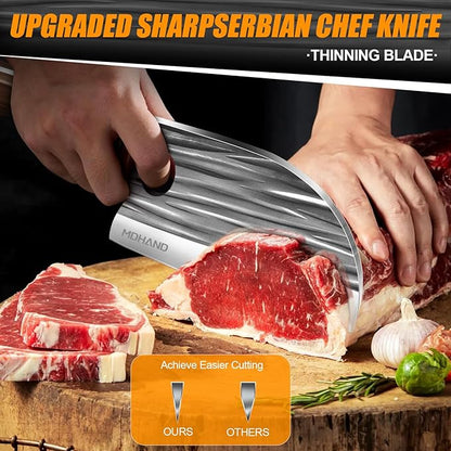 MDHAND Butcher Knife Set, 14PCS Hand Forged Serbian Chef Knife Set with Roll Bag, Heavy Duty Meat Cleaver Knives, Boning Knife, Meat Cutting Knife for Home Kitchen & Camping BBQ, Gifts for Men Women